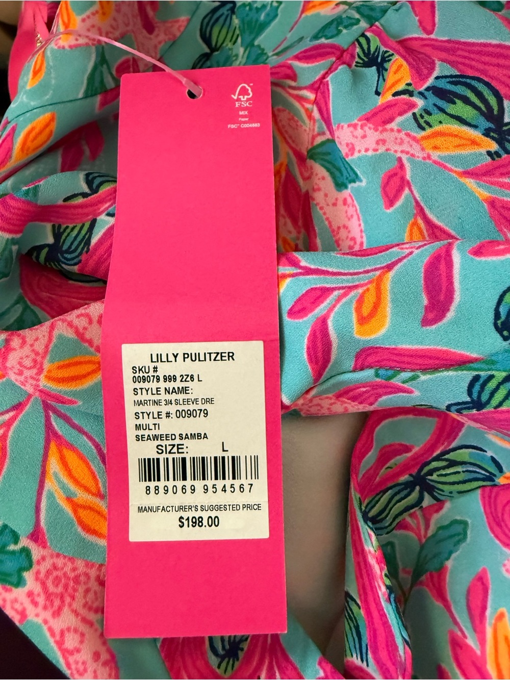 Lilly Pulitzer, NWT  Vibrant Aqua & Fuchsia seaweed samba Shift Dress 👗 sz L - Picture 3 of 4
